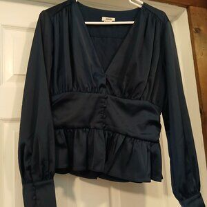 Jason Wu Satin Top Peplum Waist Button Front V-Neck Blouse Blue Size Large